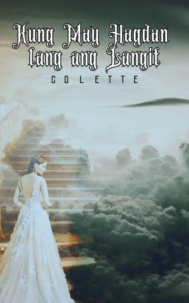 a woman facing a staircase going to heaven that is full of clouds